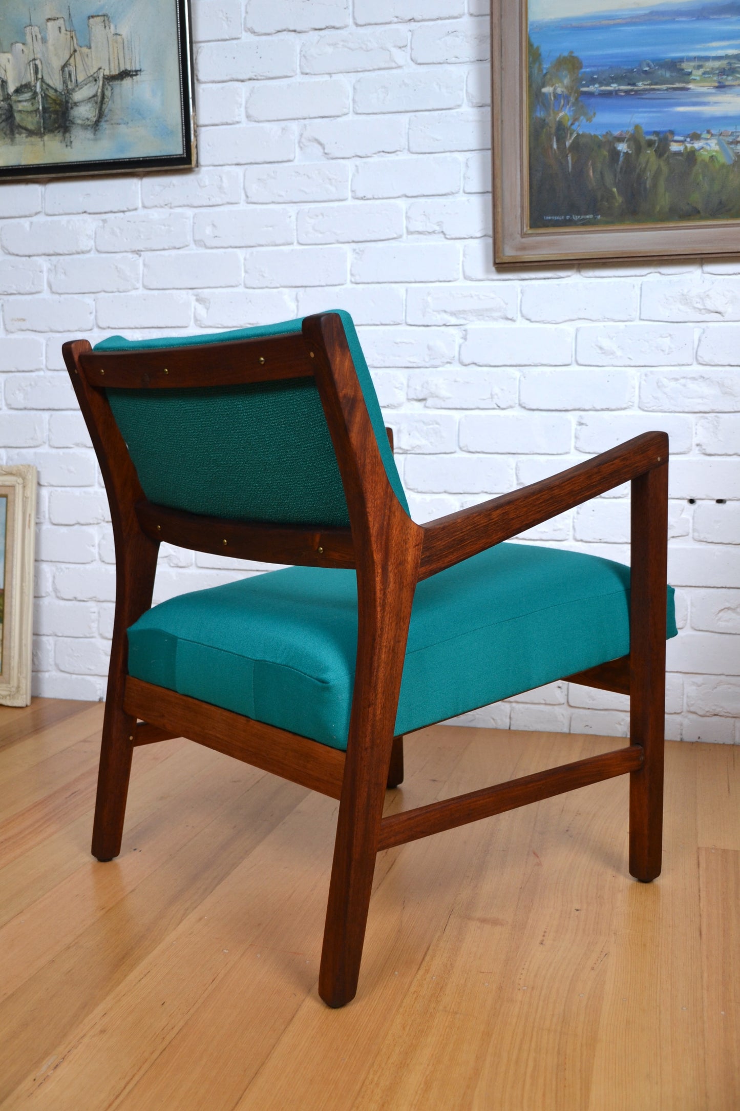 Mid century armchair / restored Blackwood / woollen teal