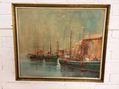 Vintage painting by Baron Von Nagy - Fishing boats docked 1966