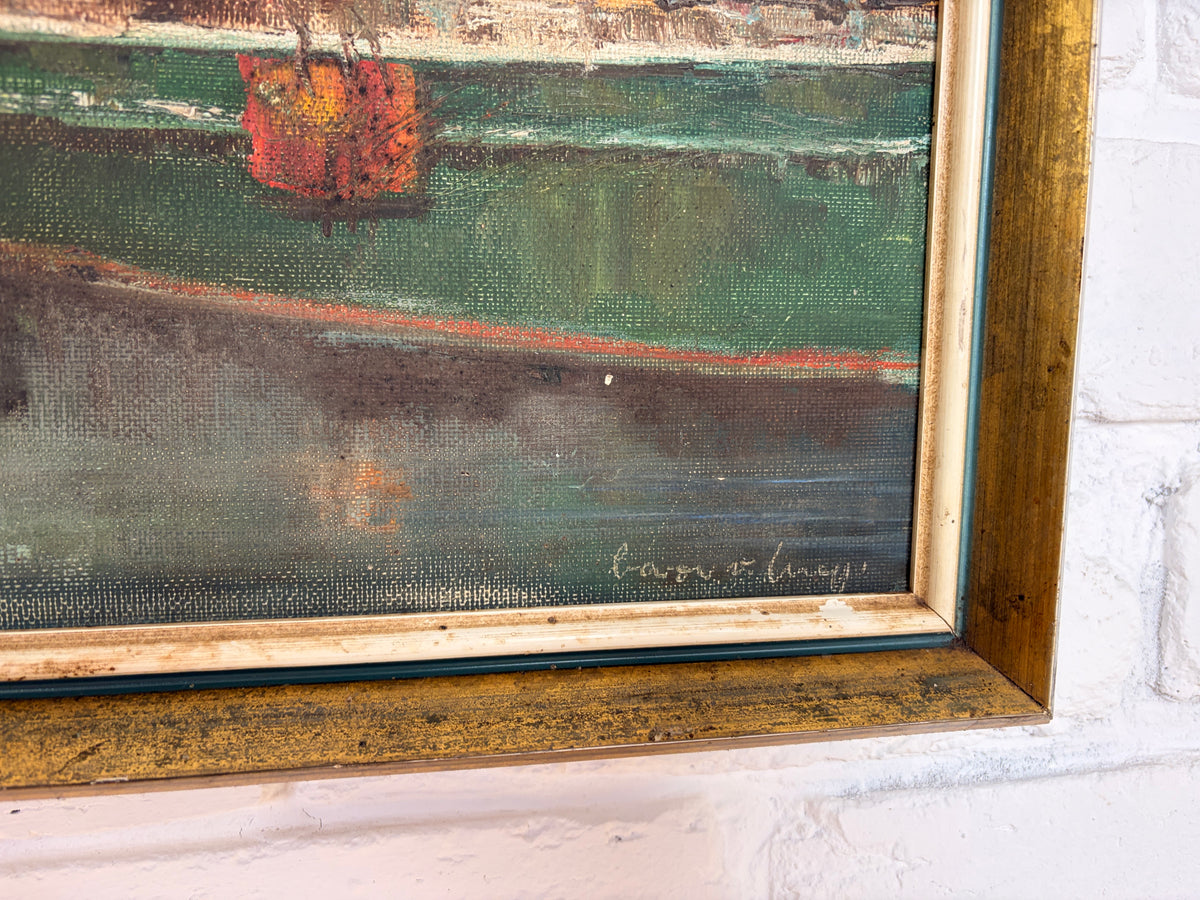 Vintage painting by Baron Von Nagy - Fishing boats docked 1966