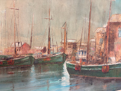 Vintage painting by Baron Von Nagy - Fishing boats docked 1966