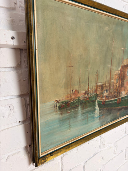 Vintage painting by Baron Von Nagy - Fishing boats docked 1966