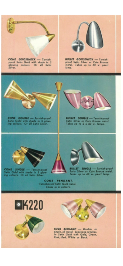 Pair unique mid century anodised brass / silver cone desk lamps by Kempthorne