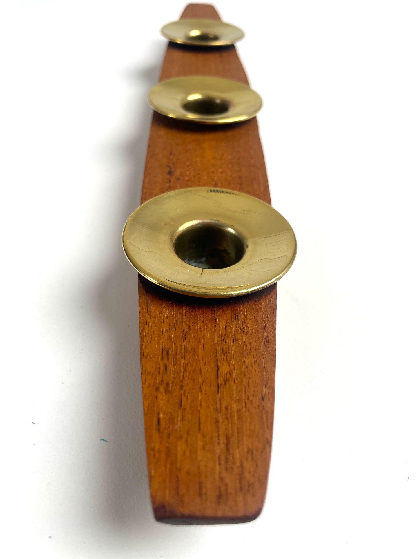 Mid century Norwegian Teak & brass candle holder table centre