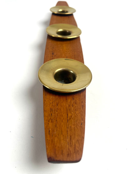 Mid century Norwegian Teak & brass candle holder table centre