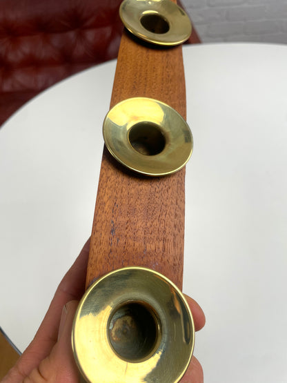 Mid century Norwegian Teak & brass candle holder table centre