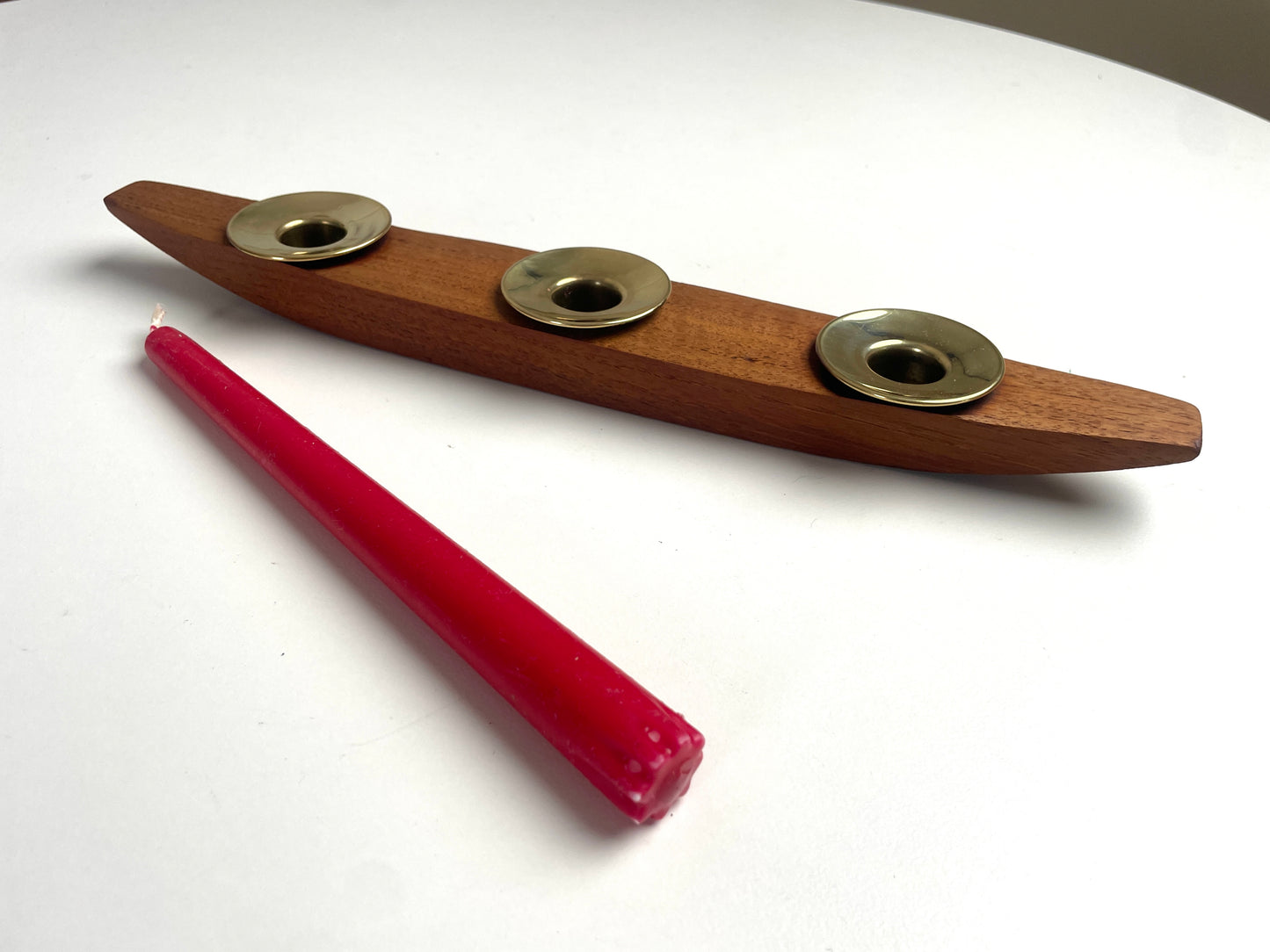 Mid century Norwegian Teak & brass candle holder table centre