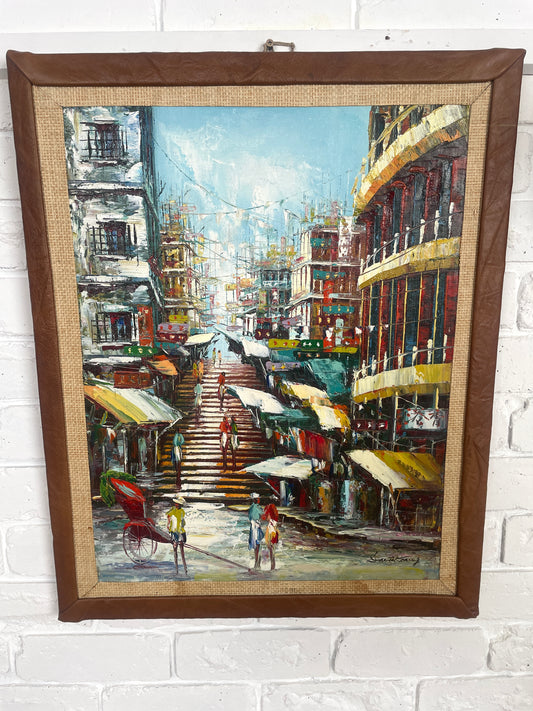 Vintage oil painting Asian street scene leather framed