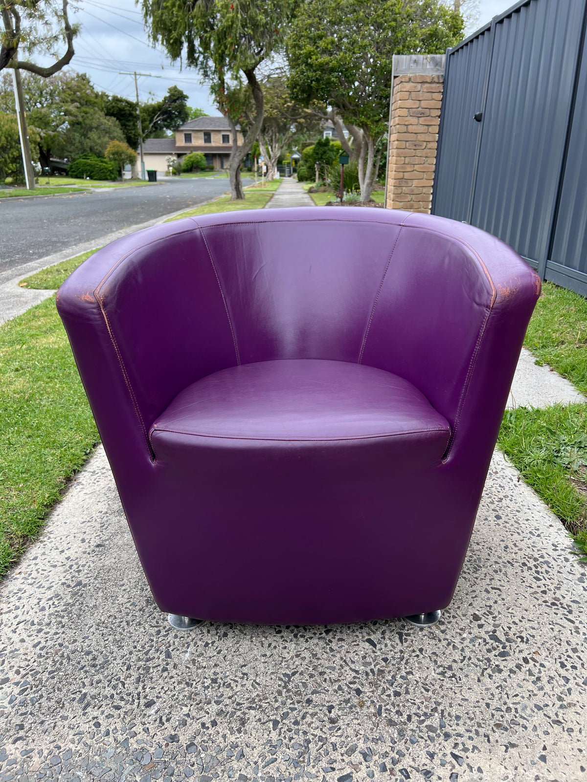 Vintage Pietro Arosio for Tacchini tub armchair leather & wool by Stylecraft- full purple