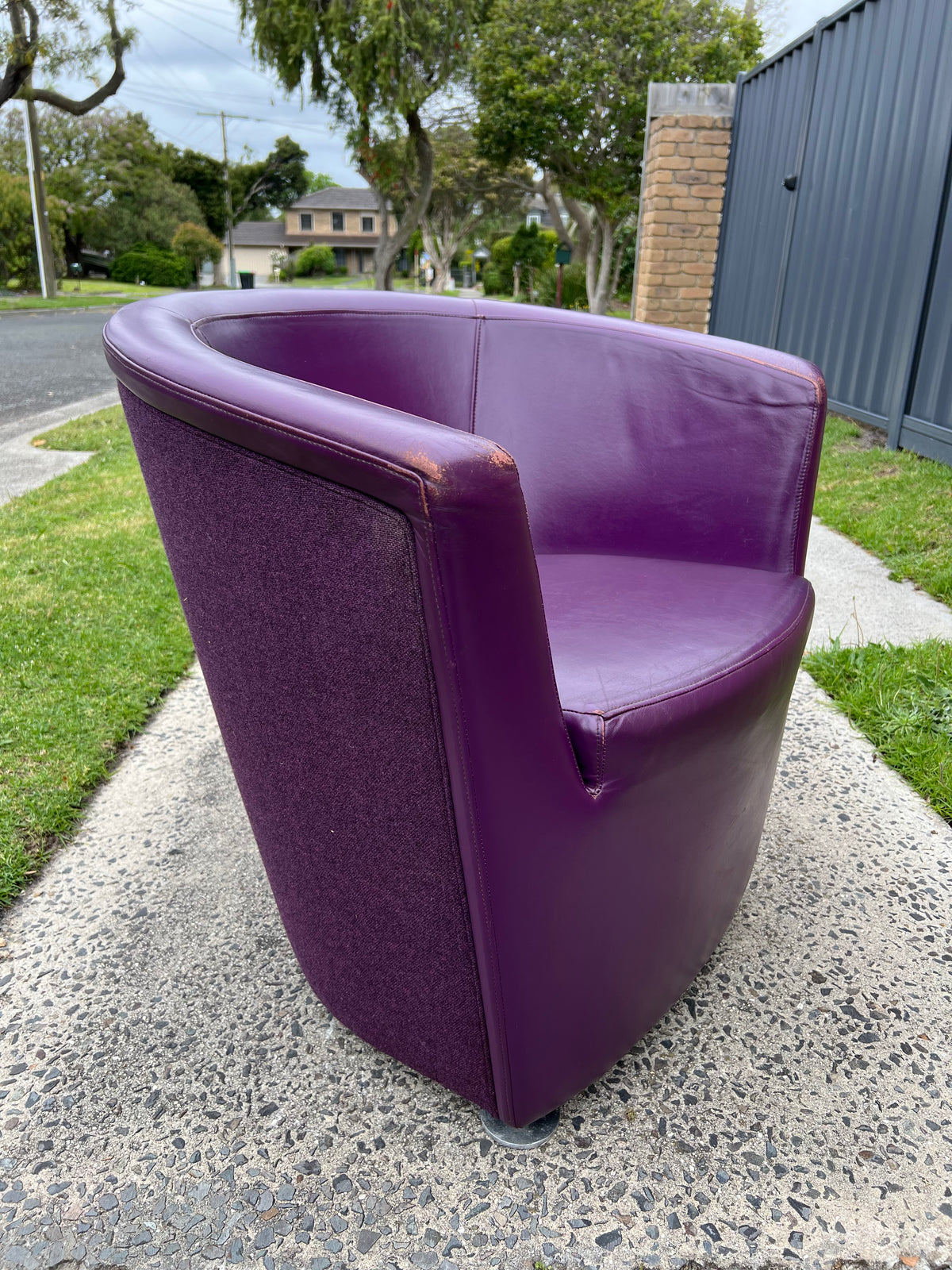 Vintage Pietro Arosio for Tacchini tub armchair leather & wool by Stylecraft- full purple