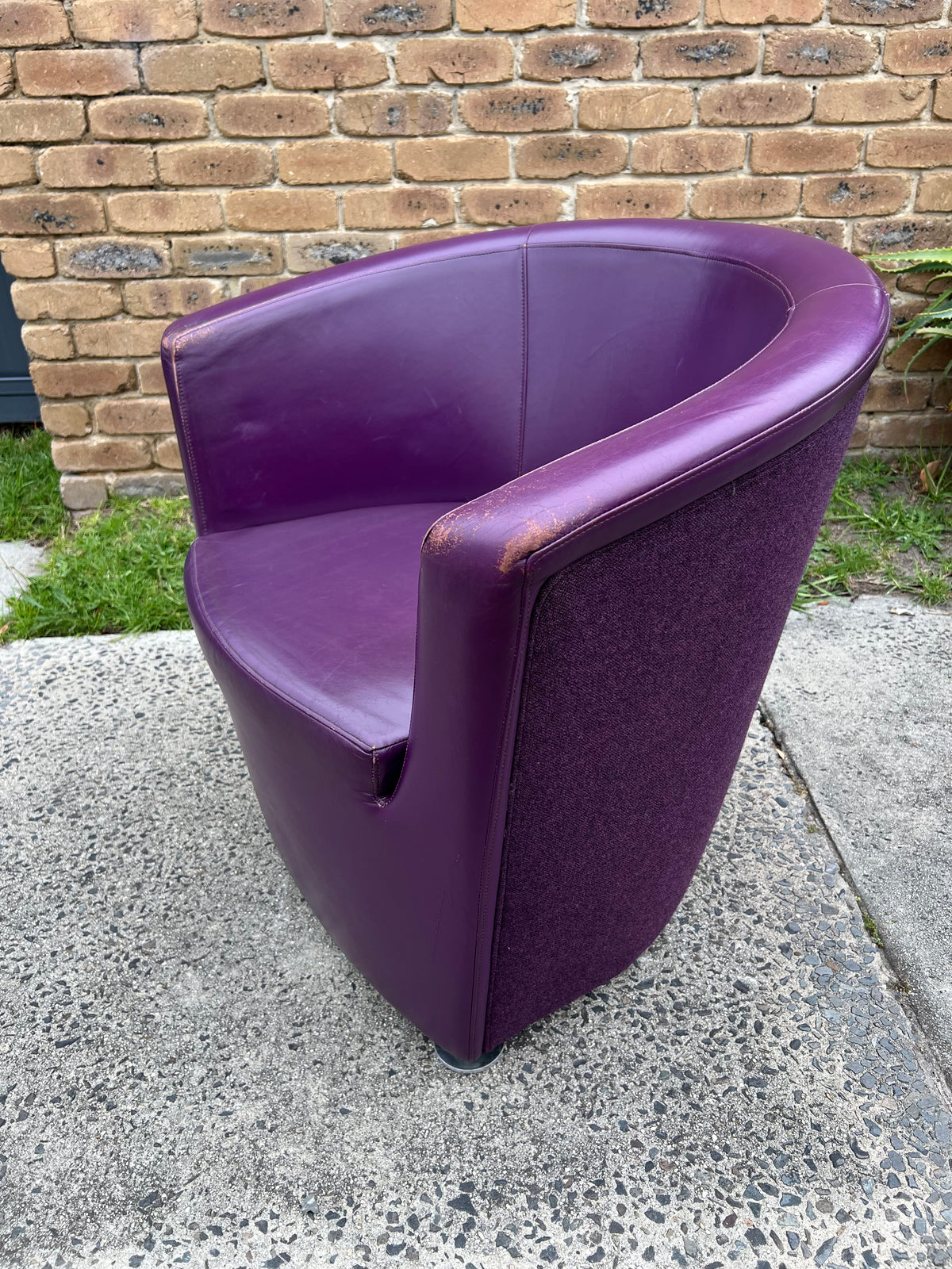 Vintage Pietro Arosio for Tacchini tub armchair leather & wool by Stylecraft- full purple