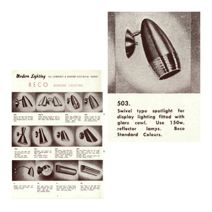 BECO Mid century wall sconce model 503 spot lamp - BECO Brown Evans & Co, Edwin Fox Furniture Vintage Mid century furniture Melbourne, furniture restoration service Melbourne, Australian Mid Century modern Danish originals chairs armchairs sofas lounges coffee tables storage sideboards lighting lamps designer modern 20th century design, Afghan Persian rugs carpets, MCM originals furniture pieces