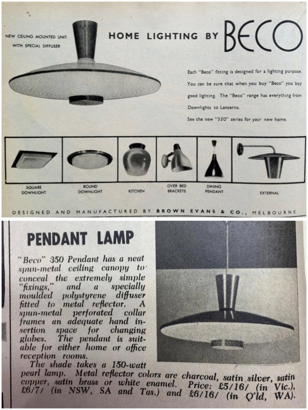 Mid Century pendant ceiling light / BECO 350 Don Brown / Brown Evans & Co, Edwin Fox Furniture Melbourne furniture sales and restoration service, Australian Mid Century modern Danish vintage originals chairs armchairs sofas lounges coffee tables storage sideboards lighting lamps designer modern 20th century design